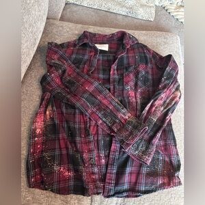 Plaid  Flannel Button Down Shirt - Black and Burgundy  with Bleach Detail